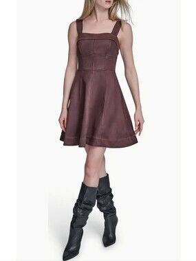 BCBG Brown Faux Suede Square Neck Sleeveless Wide Strap Fit & Flare Dress
